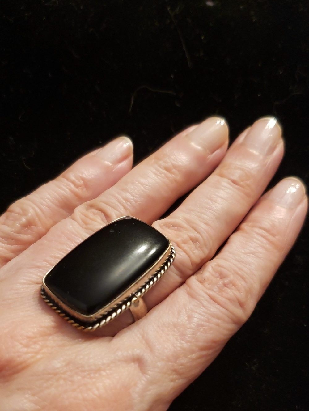 NEW BLACK Rectangle Gemstone- 925 Stamped (Hallmark In Band) Sz 9 Statement Ring